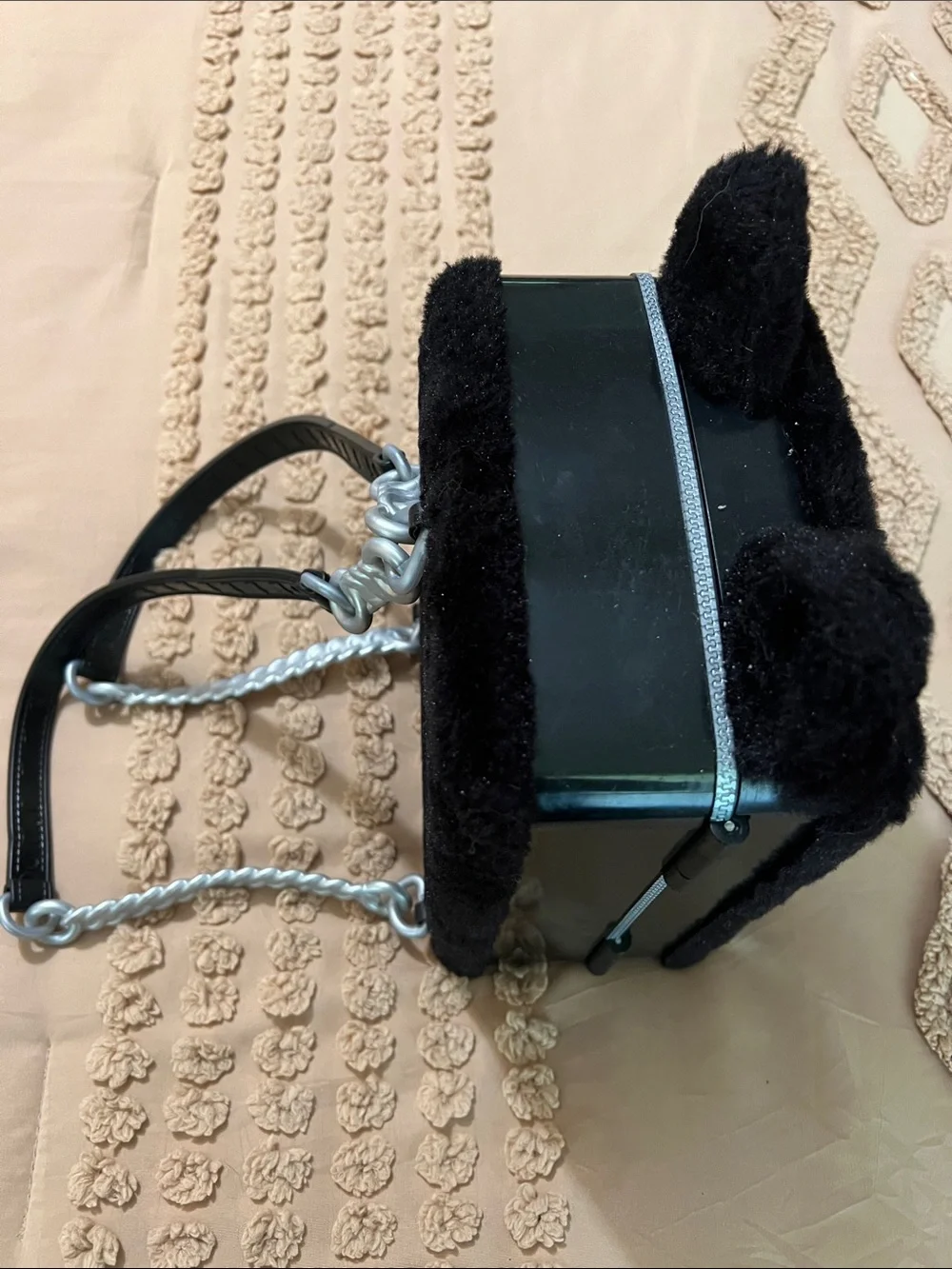 Black Plush Cat Crossbody Bag with Green Eyes -